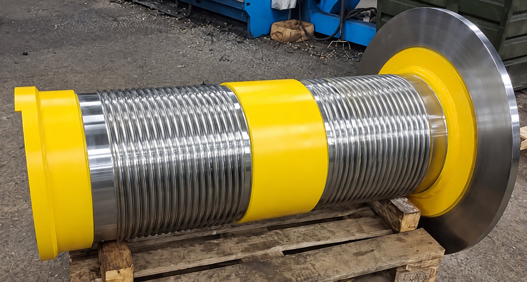 Grand cylindre métallique rainuré avec protections jaunes posé sur une palette en atelier
