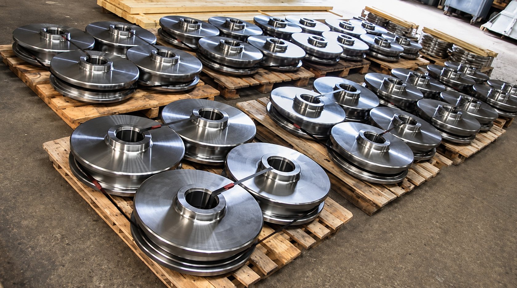 Disques et roues en acier usinés empilés sur des palettes en bois