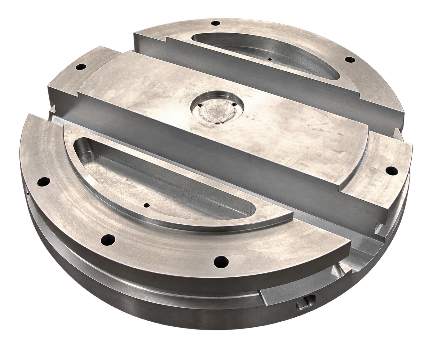 Plateau circulaire en aluminium usiné avec rainures et trous de fixation