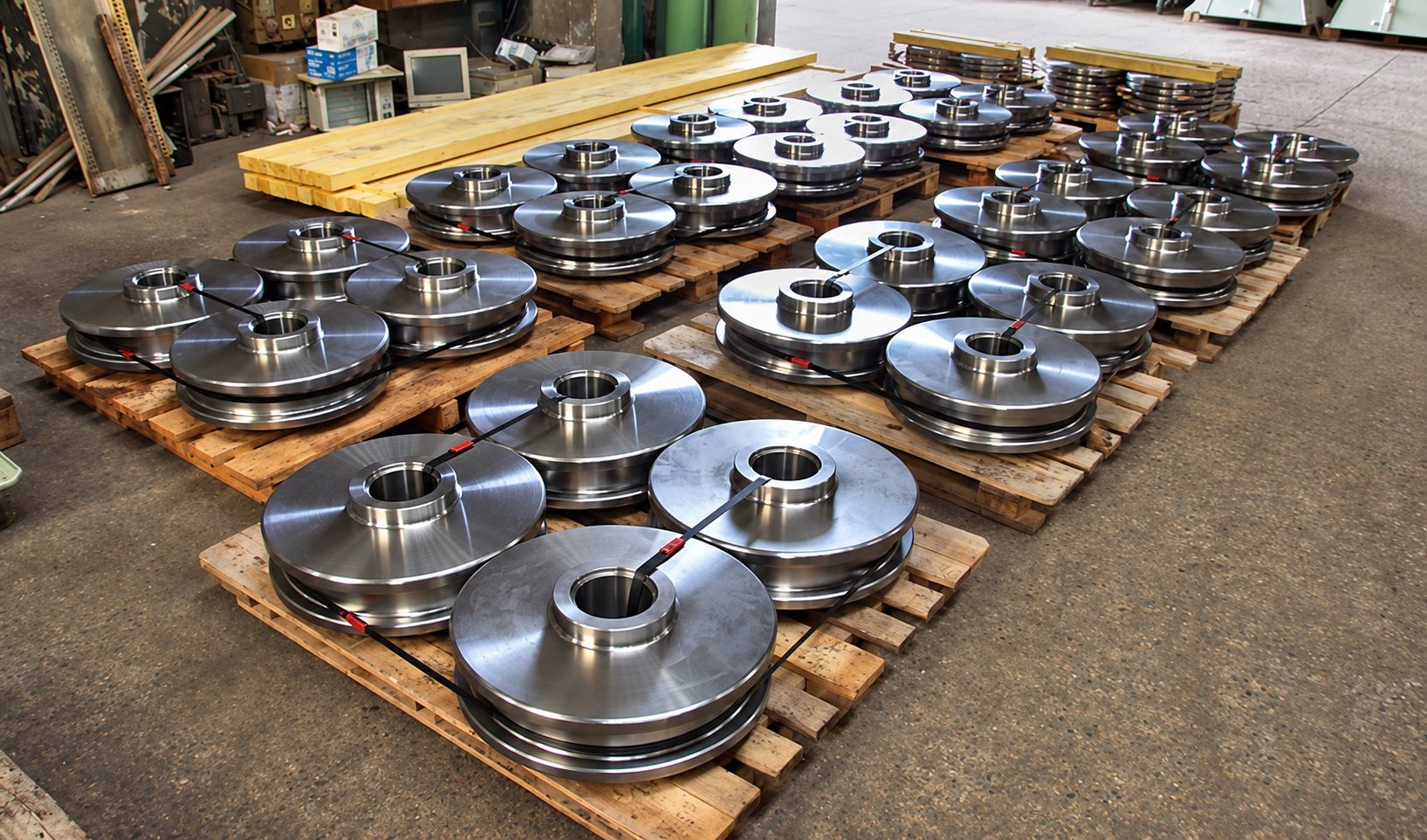 Roues métalliques usinées sur des palettes en bois dans l’atelier